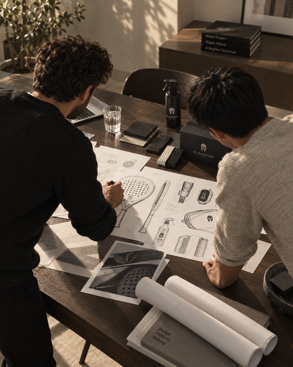 Toni y Joan revisando los croquis de la pala y los accesorios sobre la mesa