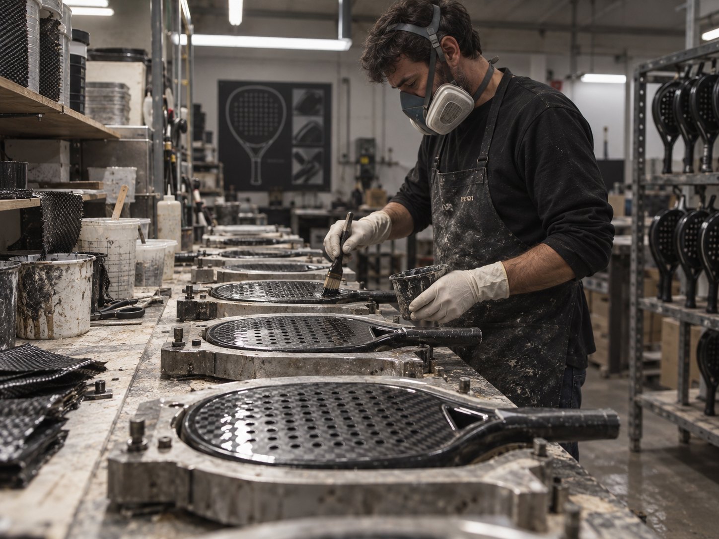 Un operario laminando palas de carbono en sus moldes