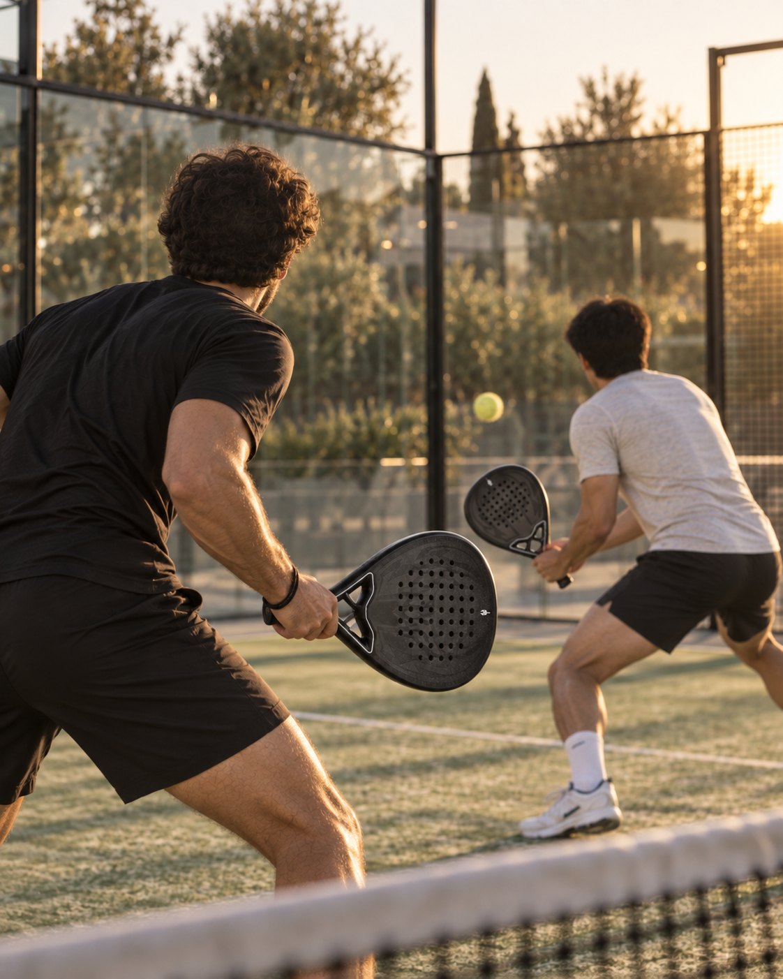 Toni y Joan jugando un partido de pádel al atardecer