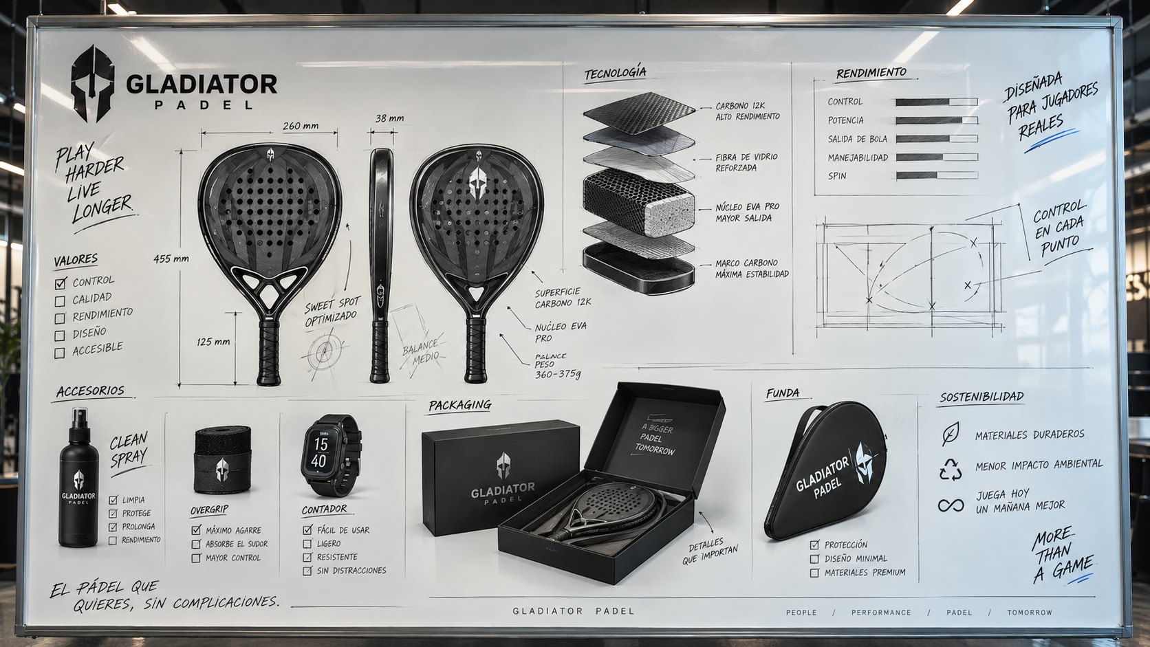 La pizarra de Gladiator Padel: las palas con sus medidas, las capas de la pala, el packaging, la funda y los accesorios