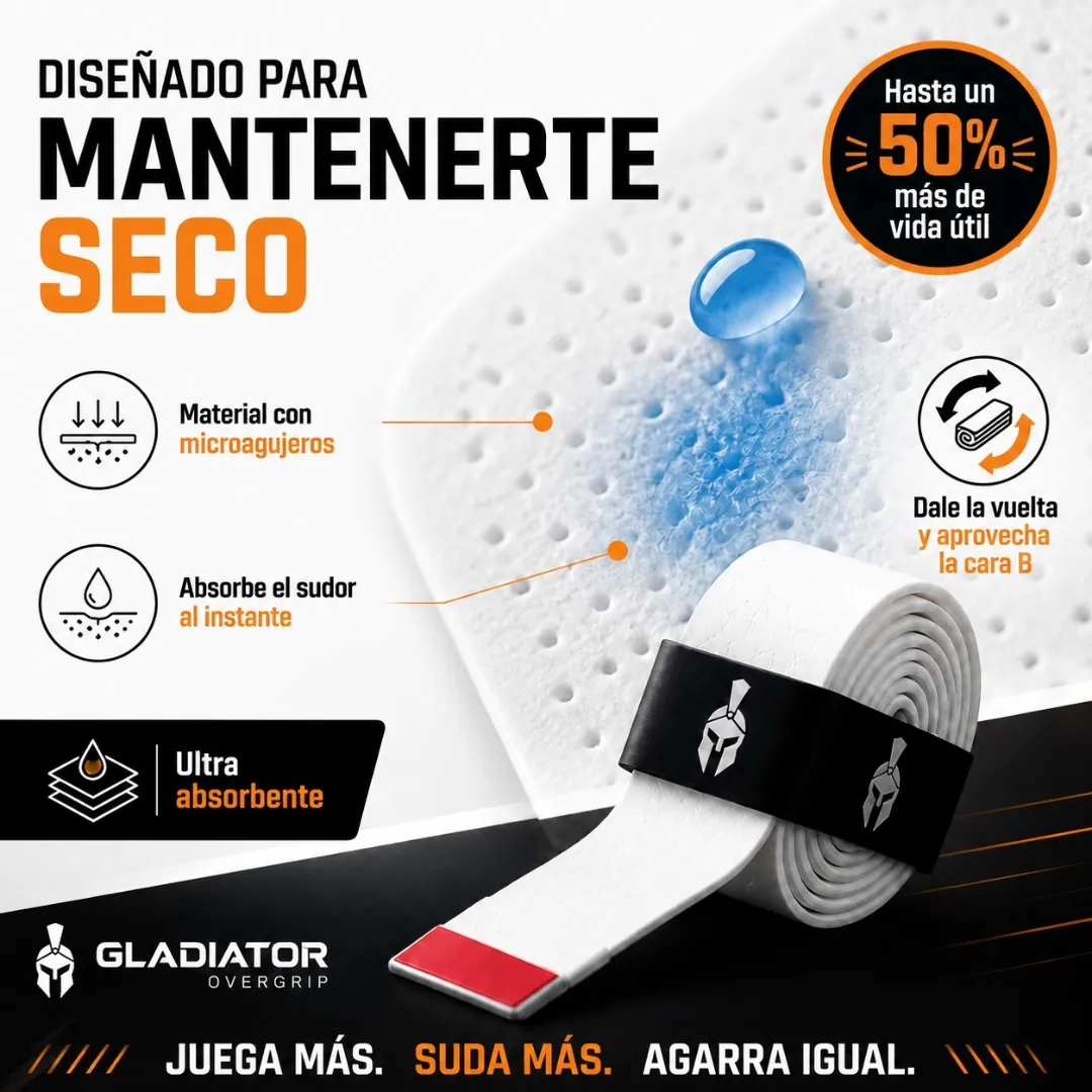 Detalle de los microagujeros del overgrip absorbiendo una gota de agua