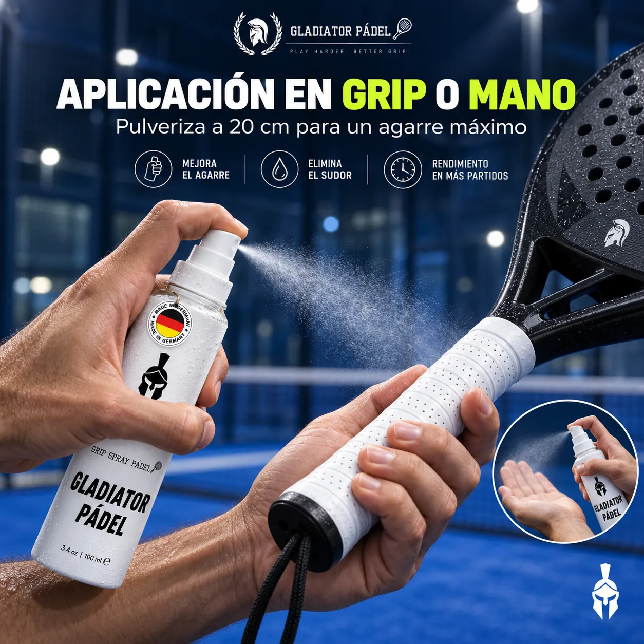 Spray antideslizante Gladiator Padel aplicado sobre el overgrip de una pala