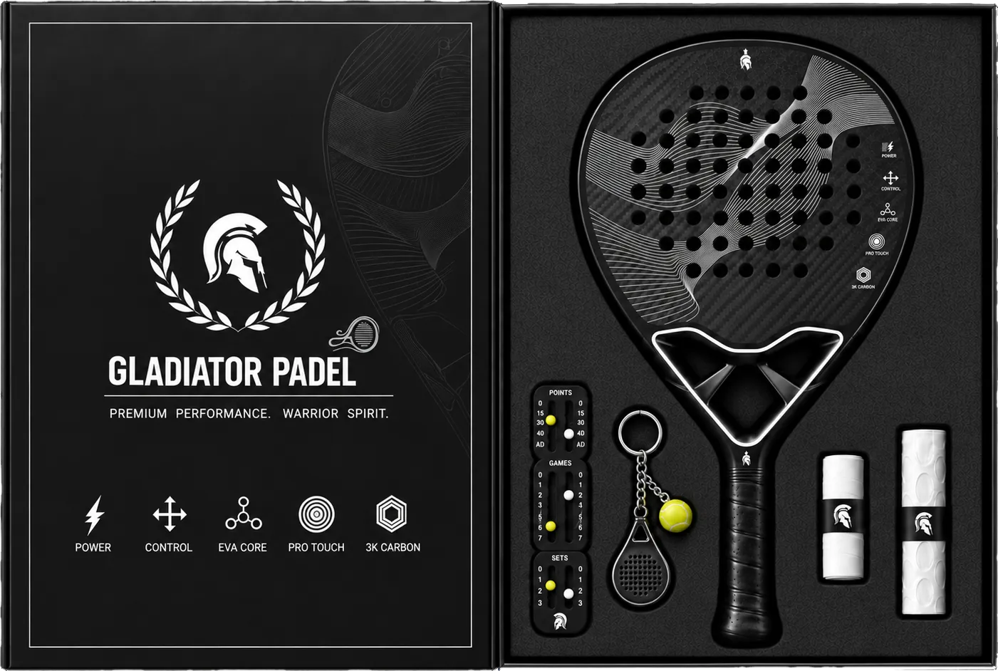 Pack Gladiator Control abierto: la pala Control y los accesorios, cada uno en su hueco de la caja