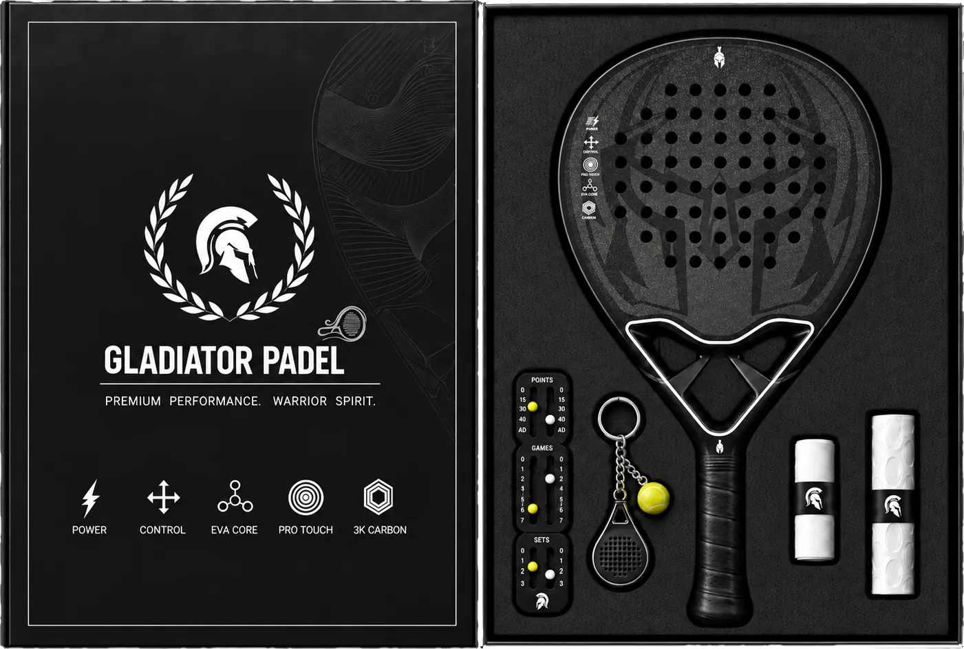 Pack Gladiator Attack abierto: la pala Attack y los accesorios, cada uno en su hueco de la caja